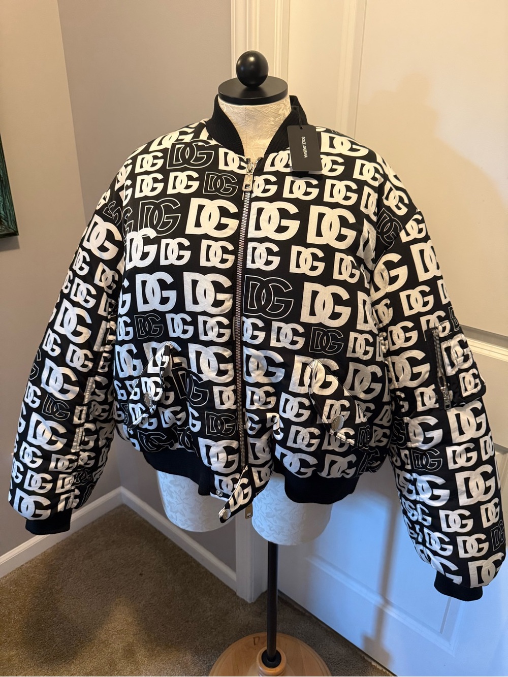 Dolce & Gabbana Black and White Logo Bomber Jacket